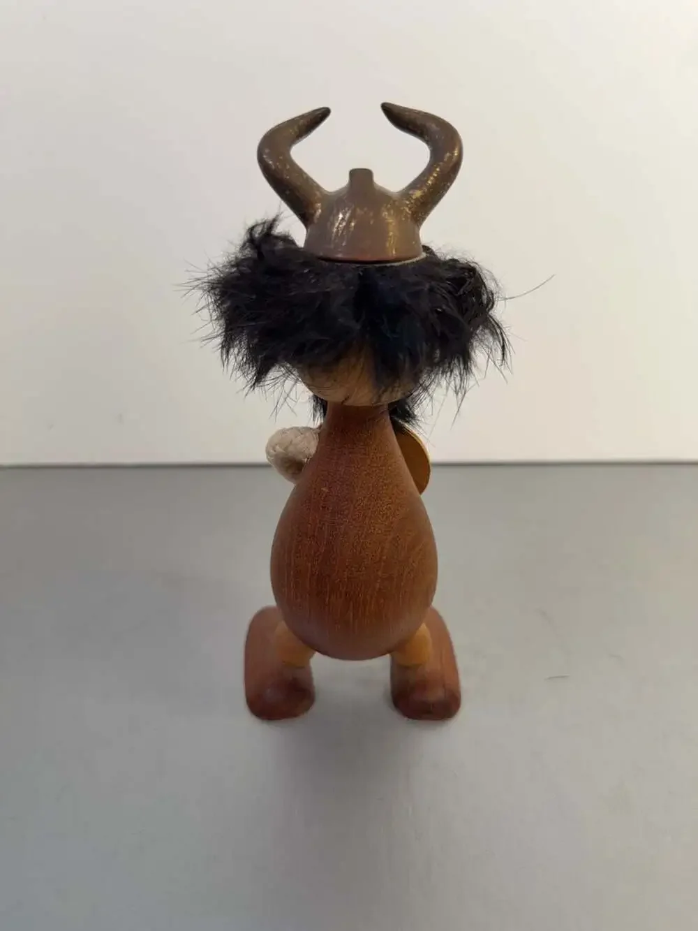 Vintage Carl Bent Teak Wood Viking Figurine with Shield and Rope Arms Handmade i